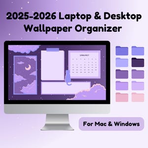 以下が含まれることがあります： 2025-2026年のラップトップ＆デスクトップ用壁紙オーガナイザーが映し出されたコンピューターモニター。デザインにはカレンダー、猫のシルエット、月明かりのシーンが含まれています。「For Mac & Windows」の文字も表示されています。