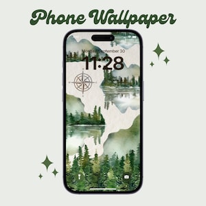 May include: A phone wallpaper with a watercolor illustration of a forest scene. The wallpaper features a compass, mountains, trees, and a lake. The time is 11:28 and the date is Monday, September 30.