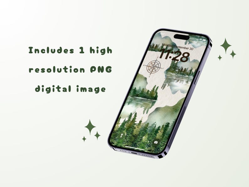 May include: A digital illustration of a forest scene with a compass and the time 11:28 on a smartphone screen. The background is a watercolor wash of green and blue.
