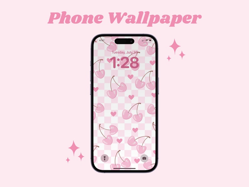 Coquette Cherry Phone Wallpaper | Pink Checkered Design (digital ...