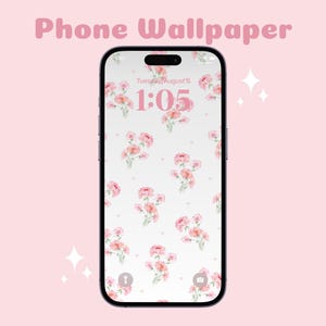 May include: A smartphone displays a floral phone wallpaper. The wallpaper features a pattern of pink flowers on a white background. The time is 1:05 on Tuesday, August 6th. The words "Phone Wallpaper" are at the top.