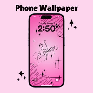 May include: A pink phone wallpaper with a black butterfly design, stars, and wavy lines. The time is 2:50. The wallpaper is for an iPhone.