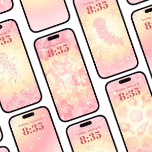 Puede incluir: Varios smartphones que muestran fondos de pantalla degradados rosas y amarillos con diseños florales, de conchas marinas y medusas. Cada pantalla muestra la hora "8:35" y la fecha "Martes 21 de enero".