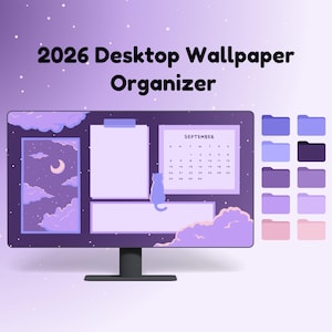 May include: A 2026 desktop wallpaper organizer displayed on a computer monitor. The screen features a purple night sky theme with clouds, a crescent moon, and a cat silhouette. It includes a September calendar, blank note sections, and ten matching folder icons.