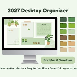 May include: A 2027 desktop organizer digital wallpaper displayed on a computer monitor, featuring a March calendar, plant illustrations, and a set of color-coordinated folder icons in shades of green, brown, and beige for Mac and Windows.