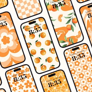Puede incluir: Varios smartphones muestran fondos de pantalla con temática naranja. Los diseños incluyen rodajas de naranja, patrones florales, cuadros y naranjas de acuarela. Cada pantalla muestra la hora 8:35 el martes 21 de enero.