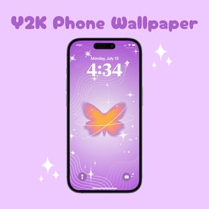 May include: A purple phone wallpaper with a butterfly, stars, and wavy lines. The phone screen displays the time 4:34 and the date Monday, July 15.