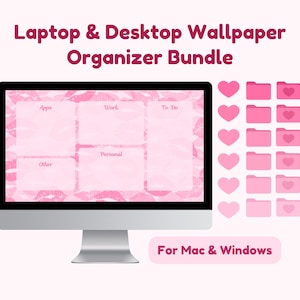 May include: A pink desktop wallpaper organiser bundle for Mac and Windows. The wallpaper features a pink background with a pattern of pink lips and has five sections labelled "Appe", "Work", "To-Do", "Personal", and "Other". The bundle also includes a set of pink folders with hearts.
