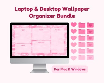 Pink Kiss Desktop Organizer Wallpaper Bundle, Aesthetic Computer Backgrounds With Cute Heart Folder Icons, Mac & Windows Digital Download