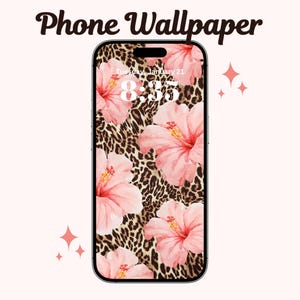 May include: A phone wallpaper featuring a leopard print background and pink hibiscus flowers. The time is 8:35.