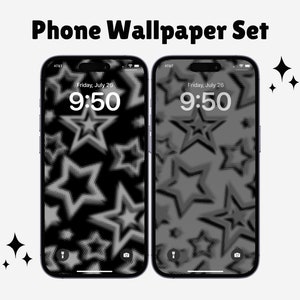 May include: Two phone wallpapers with a black and white pattern of stars. The time is 9:50 on both wallpapers. The date is Friday, July 26.
