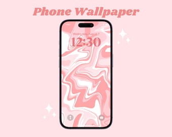 May include: A pink and white abstract marble phone wallpaper with a digital clock displaying "12:30" and the date "Wednesday, August 7".