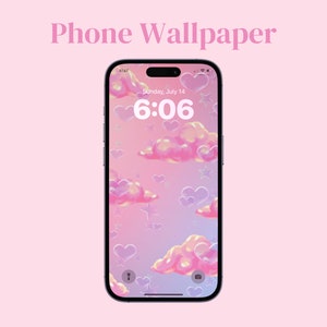May include: A pink and purple phone wallpaper with a cloudy sky and hearts. The time is 6:06. The phone screen says "Sunday, July 14".