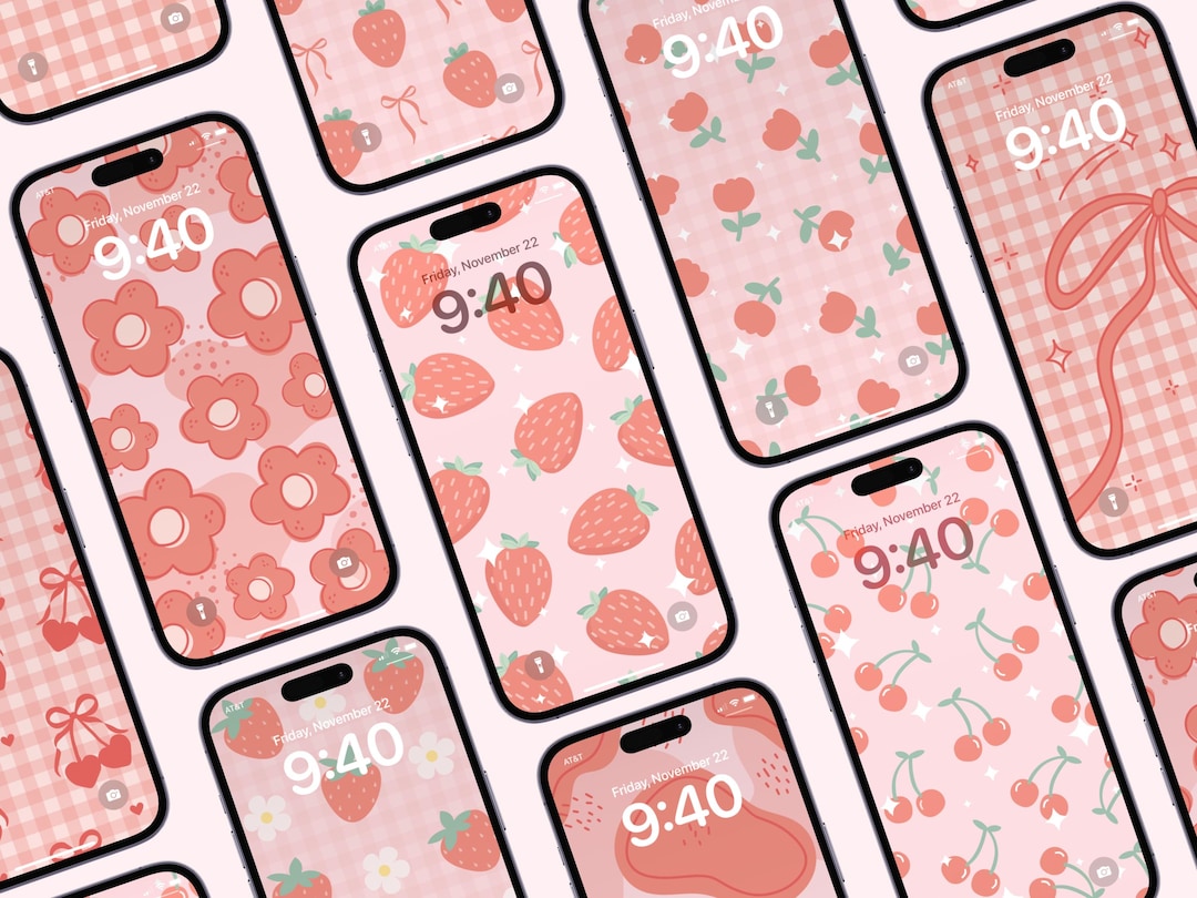 Coquette Phone Wallpaper Pack | Strawberries, Cherries, Flowers & Bows ...
