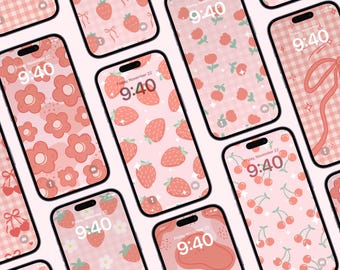 Coquette Phone Wallpaper 10-Pack | Strawberries, Cherries, & Bows Wallpaper Bundle | Aesthetic iPhone/Android Backgrounds | Digital Download