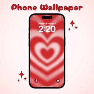Könnte beinhalten: Ein Smartphone zeigt ein rot-weißes herzförmiges Design auf seinem Bildschirm, mit der Uhrzeit 2:20 und dem Datum Sonntag, 3. November. Die Worte "Phone Wallpaper" stehen oben. Rote Sternausbrüche akzentuieren den Hintergrund.