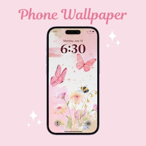 May include: A pink phone wallpaper featuring a watercolour design of butterflies, flowers, and a bee. The time is 6:30. The wallpaper is set against a pink background.