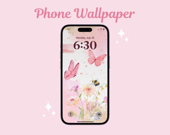Cute Flower Phone Wallpaper | Pastel Pink iPhone Wallpaper | Aesthetic Butterfly Android Wallpaper | Instant Digital Wallpaper Download
