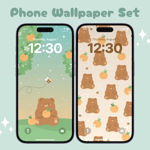 May include: Two phone wallpapers featuring a cute cartoon bear. The first wallpaper has a green background with a bear holding an orange, a bee, and a clock that reads 12:30. The second wallpaper has a beige background with a repeating pattern of bears and oranges.