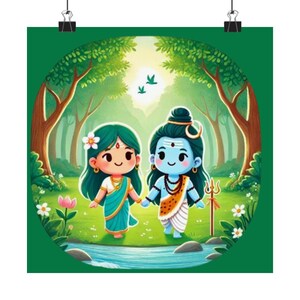 Póster de paseo tranquilo de Shiva y Parvati Arte de pared espiritual inspirado en la naturaleza