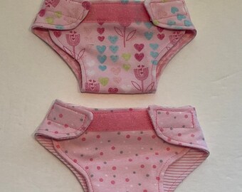 2 Doll Diapers, Reversible, Adjustable to fit 13 to 16 inch dolls