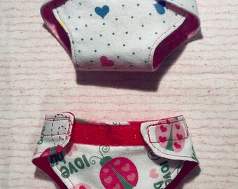 2 Small Doll Diapers, Reversible, Adjustable to fit 10 to 12inch dolls
