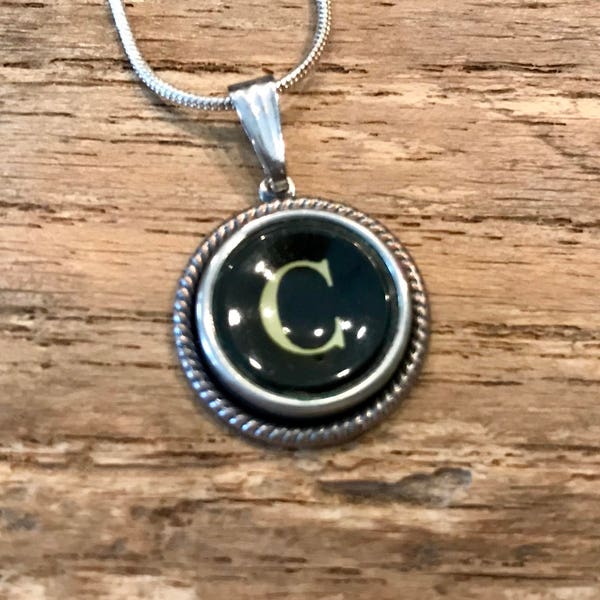 Vintage Typewriter Key Initial Necklace with Sterling Silver Chain (YOU CHOOSE LETTER)