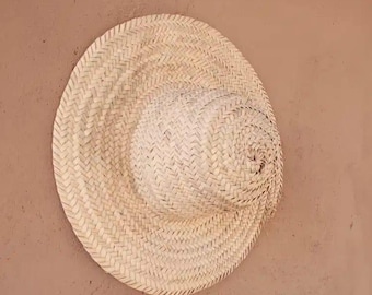 Handgewebter Strohhut mit breiter Krempe, Strandhut | Wanddekoration aus Naturweide | Rustikale Boho-Wohndekoration | Marokkanischer Palmenblatthut, Unisex-Webhut