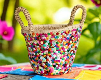 Handmade Wicker Basket with Colorful Sequins - Boho Chic Storage Basket, Moroccan Craft Decorative Basket, Small Basket