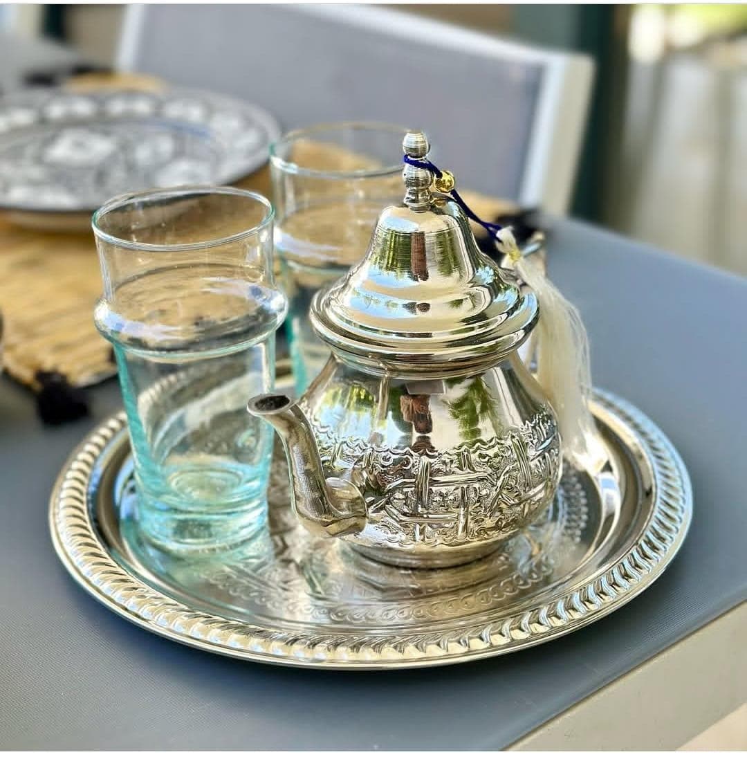 Service à Thé Marocain En Verre Borosilicate - Théière 750 Ml Avec 6 Verres Assortis - Motifs Floraux Dorés Et Verts