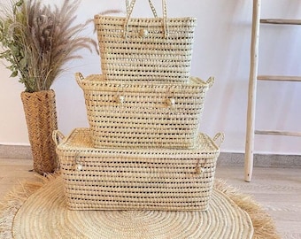 Handwoven Palm Leaf Storage Basket Set – Eco-Friendly Natural Wicker Organizer, Boho Home Decor, Sustainable Handmade Storage Boxes