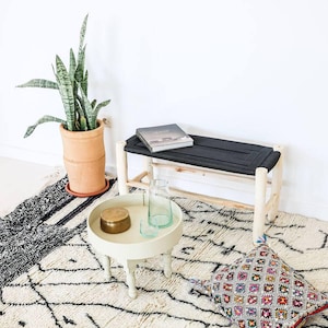 May include: A living room scene with a light wood bench and black woven seat, a small round table, and a patterned rug. A tall potted plant and a decorative pillow add to the room's decor. A book and a brass container are on the table.