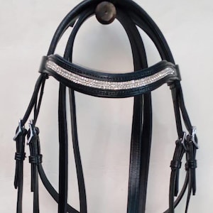 3 Row White Crystal Brow band Patent Dressage Leather Bridle With Softy Padding