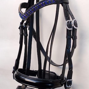 Premium Quality Blue/Green Color 5 Row Crystal brow band Dressage Leather horse Bridle (Free Shipping)