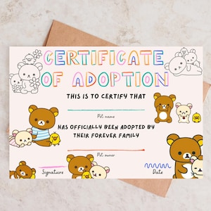 Rilakkuma Adoption Certificate Printable for Kids | Digital Download | Kawaii Bear Theme (US Letter & A4)