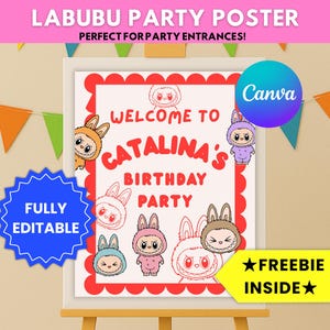 Labubu Welcome Sign Editable Birthday Poster Canva Template Labubu Party Decoration Printable Digital Download 16x20 Labubu Sign