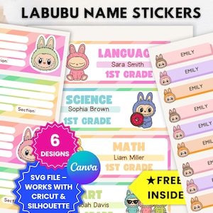 Labubu name labels printable set editable Canva templateeditable Canva template perfect for school, notebooks, and kids supplies 6 designs