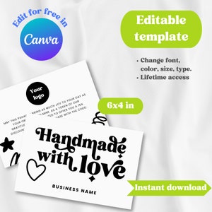 Tarjeta de inserción "Hecho con amor" / Tarjeta de agradecimiento al cliente / Apoyo a pequeñas empresas / Plantilla editable de Canva (15 x 10 cm) / Fidelización de marca