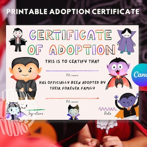 Vampire adoption certificate printable halloween adoption certificate cute digital download for kids plush toys spooky party favor