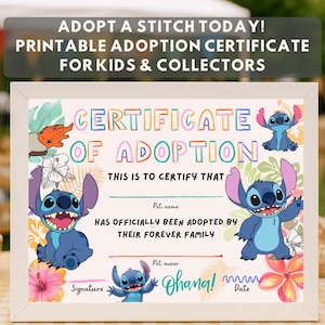 Stich Adoption Zertifikat druckbare niedliche digitale Datei für Kinder Geschenk Sammler Zimmer Dekor editierbar PDF PNG Adoption Karte Digital Download