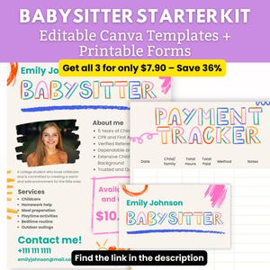 Kit Inicial para Babá | Flyer e Cartão de Visita Editáveis no Canva + Rastreador de Pagamentos | Modelos de Cuidados Infantis para Babás (PDF) Tudo em Um