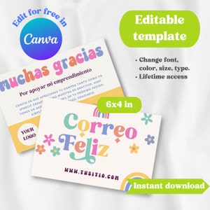 Biglietto di ringraziamento in spagnolo per ordini di piccole imprese / Modello Canva modificabile / Inserto stampabile Groovy / Confezione Correo Feliz (6 x 4 pollici)