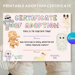 Mummy Adoption Certificate Printable | Halloween Pet Adoption Certificate | Cute Digital Download for Kids, Plush & Toy Adoptions