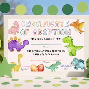 Dinosaurier-Adoptionsurkunde | Bearbeitbare Vorlage | Leinwand | PDF & JPG | Niedliches Printable für Kuscheltiere oder Kinder Geschenk (18,5 x 12,5 cm) Geschenk und Wandkunst