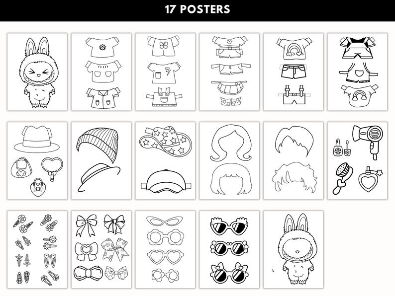 Labubu Paper Doll Printable Kit 17 Pages PDF Cutout Dressup Toy 54