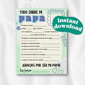 Modelo Tudo Sobre Meu Pai para impressão, Dia dos Pais. Presente para entrevista de crianças, questionário para o pai, cartão para preencher as lacunas. Download instantâneo -español