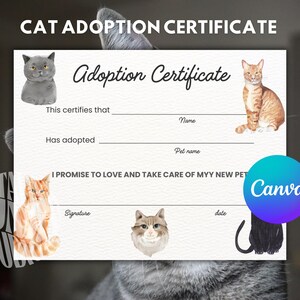Cat adoption certificate printable kitten pet adoption form watercolor digital file for kids classroom activity birthday party keepsake