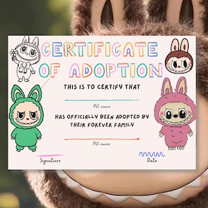 Labubu Adoptionsurkunde | Labubu Geschenk & Wandkunst | Labubu Geburtstagsgeschenk | 7 "x5" bearbeitbare Canva-Vorlage | Sofortdownload |  Druckbar