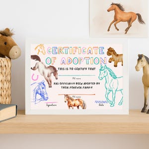 Adoptiecertificaat paard afdrukbaar 7 x 5, gepersonaliseerd cadeau voor dierenliefhebbers, ponycertificaat voor kinderen, aangepast adoptieformulier paard