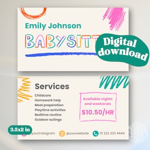 Babysitter Visitenkarte Vorlage |  Babysitter Karte zum Ausdrucken | Bleib in Touch Kontaktkarte | Nanny Visitenkarte | Kontaktkarte